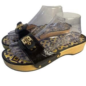 Tory Burch Black Patent Sandals with Gold Accents